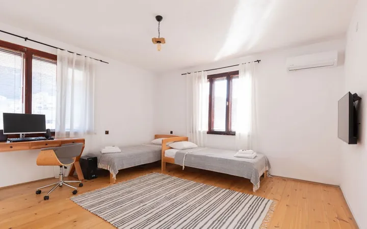 Twin bedroom with a desk and a striped rug